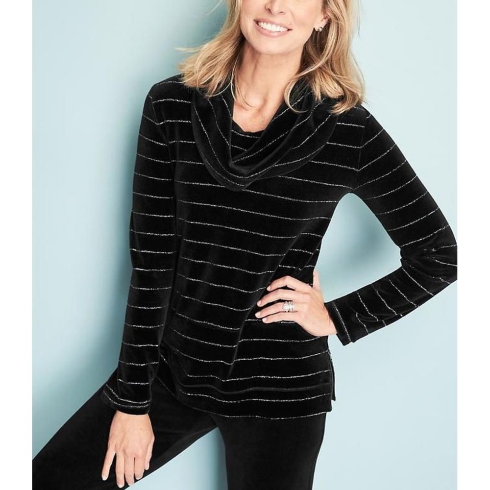 Talbots Black Luxe Velour Striped Cowl Neck Long‎ Sleeve Tunic Top Size Small